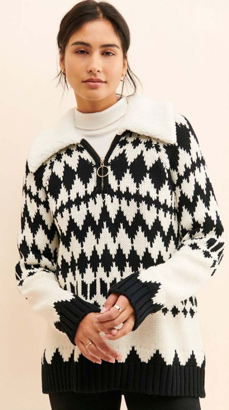 Show Me Your Mumu Sun Valley Pullover Black White Knit Fleece Collar Womens XXL